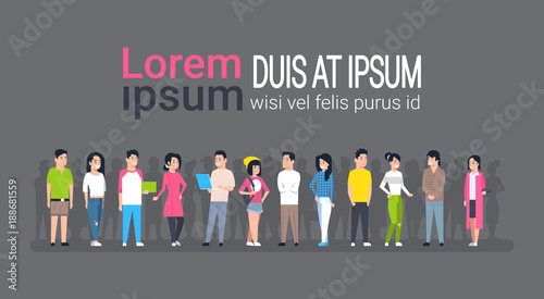 Young Asian Men And Women Group Chinese Or Japanese Male And Female People Wearing Casual Clothes Full Length Vector Illustration