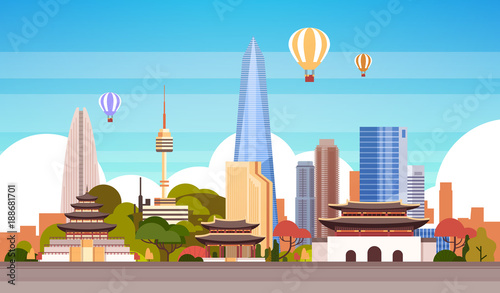 Seoul City Background Skyline View With Air Balloon Flying Over Skyscrapers And Famous Landmarks Vector Illustration