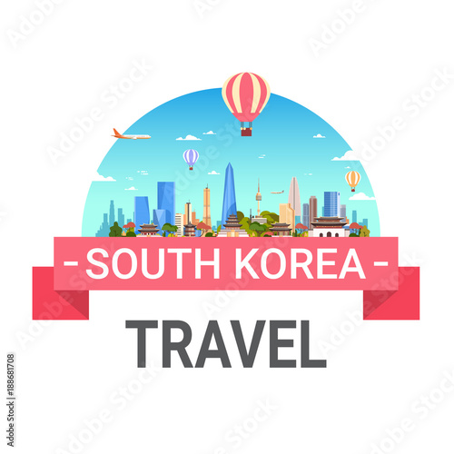 South Korea Travel Poster Seoul Landscape Skyline View With Skyscrapers And Famous Landmarks Tourism Label Design Vector Illustration