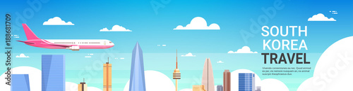 Travel To South Korea Poster Plane Fly Over Seoul City Skyline With Skyscrapers And Landmarks Flat Vector Illustration