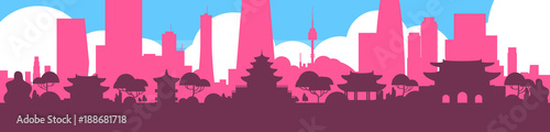 Seoul Silhouette Skyline South Korea City View With Skyscrapers And Landmarks Horizontal Banner Vector Illustration