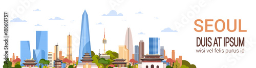 Seoul City Background Skyline South Korea View With Skyscrapers And Famous Landmarks Template Horizontal Banner Vector Illustration