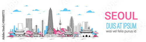 Seoul City Background Skyline South Korea View With Skyscrapers And Famous Landmarks Template Horizontal Banner Thin Line Vector Illustration