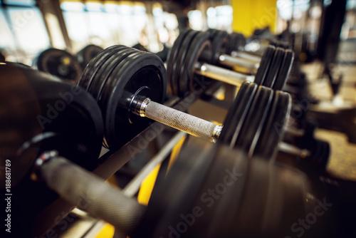 Close up of black dumbbells in row in the gym.