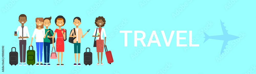 Group Of Tourists With Bags Travel On Air Mix race Travelers Men And Women Over Blue Background With Airplane Horizontal Banner Flat Vector Illustration Group Of Tourists With Bags Travel On Air Mix race Travelers Men And Women Over Blue Background With Airplane Horizontal Banner Flat Vector Illustration