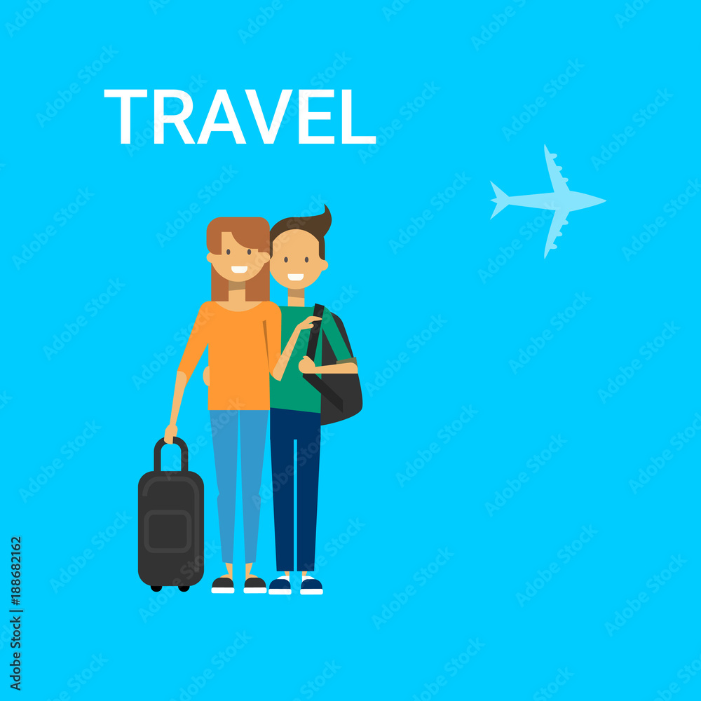 Couple Of Tourists With Bags Travel On Air Happy Smiling Travelers Man And Woman Over Blue Background With Airplane Flat Vector Illustration Couple Of Tourists With Bags Travel On Air Happy Smiling Travelers Man And Woman Over Blue Background With Airplane Flat Vector Illustration