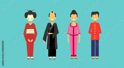 Traditional Asian Costumes Set People Wearing Kimono Chinese And Japanese Clothes Flat Vector Illustration