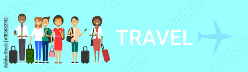 Group Of Tourists With Bags Travel On Air Mix race Travelers Men And Women Over Blue Background With Airplane Horizontal Banner Flat Vector Illustration