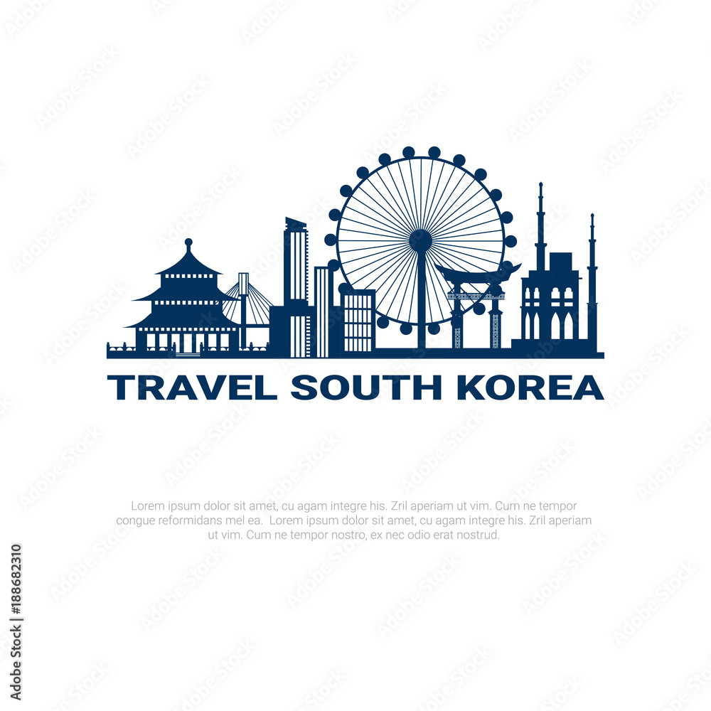 Fototapeta Travel To South Korea Poster Silhouette Seoul City View With Skyscrapers And Famous Landmarks On White Background with Copy Space Vector Illustration