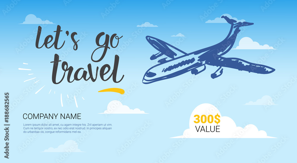 Travel Company Template Banner Airplane Flying In Sky Background Tourist Agency Flyer Vector Illustration