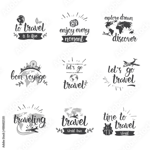 Travel Quotes Icon Set Hand Drawn Lettering Tourism And Adventure Concept Vector Illustration