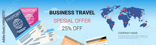 Business Travel Special Offer Template Horizontal Banner, Tourism Agency Seasonal Sale Poster Design Vector Illustration