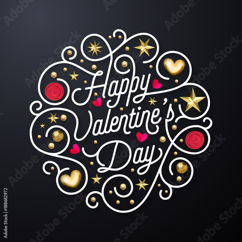 Valentine Day greeting card gold calligraphy text design template. Vector Happy Valentines Day gold ornate lettering and golden glitter heart and star confetti decoration on black background