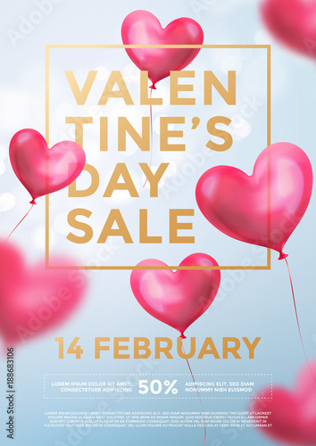 Valentine day sale web banner of red heart balloons in light shine on blue background. Vector Valentines day sale golden text for holiday shop discount promo design template of heart air ballons