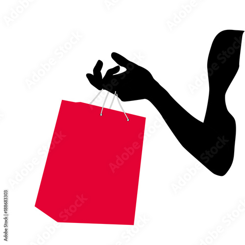 Silhouette Female hand holding paper shopping bag. Red Paper gift package in hand of young woman. 3D Vector illustration in red, black and white colors. Sale, Black Friday, Shopping, Valentine's Day