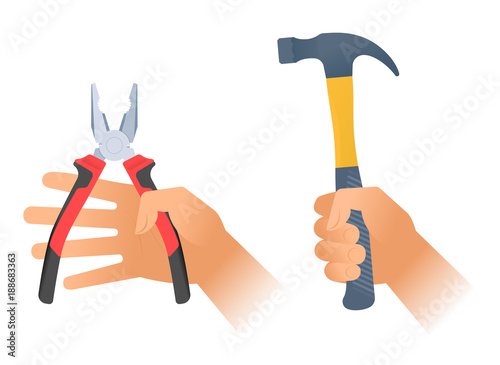 Human hand holds a pair of pliers with red plastic handles and hummer with plastic handle. Flat illustration of repair and builder hand tools. Vector design elements isolated on white background.