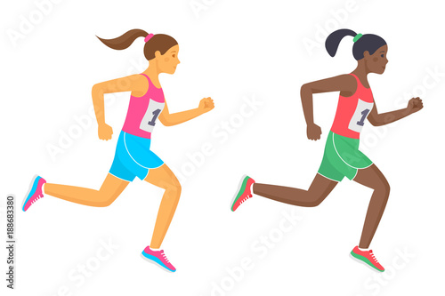 The running school girls in the shirts and shorts. Active caucasian and afro american teenagers in sportswear. Sport, jogging, workout, competition concept. Flat vector illustration isolated on white.