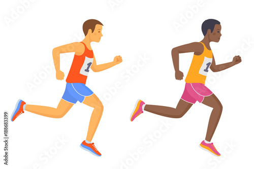The running school boys in the shirts and shorts. Active caucasian and afro american teenagers in a sportswear. Sport, jogging, workout, competition concept. Flat vector illustration isolated on white