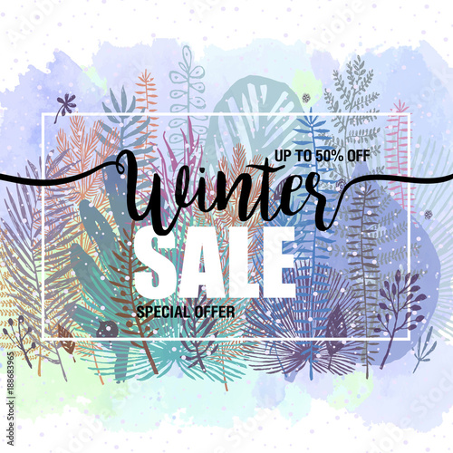 poster winter sales on a floral watercolor background. Card, label, flyer, ba...