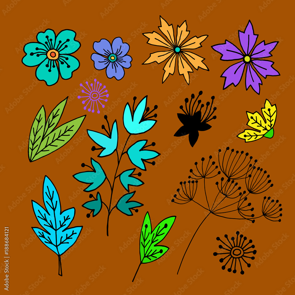 Floral design set with cute abstract flowers and leaves in hand drawn doodle style. Summer or spring design elements isolated on color background 