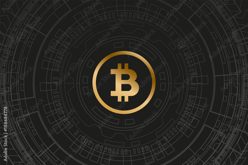 golden bitcoin in technological background golden bitcoin in technological background