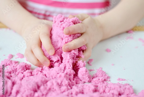 Little Girl Playing with Kinetic Sand at Home Early Education Preparing for School Development Children Game