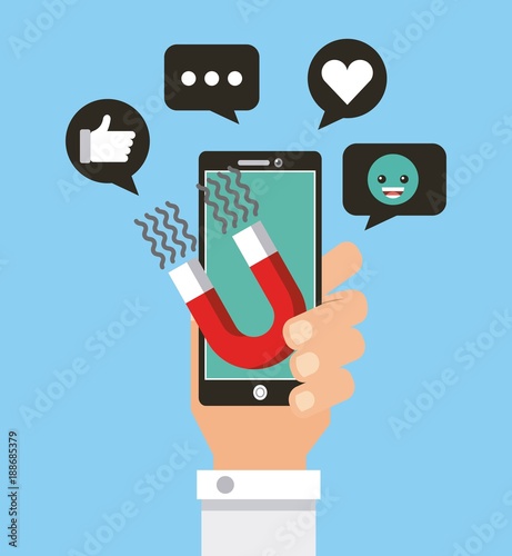 hand holding mobile viral content addiction vector illustration