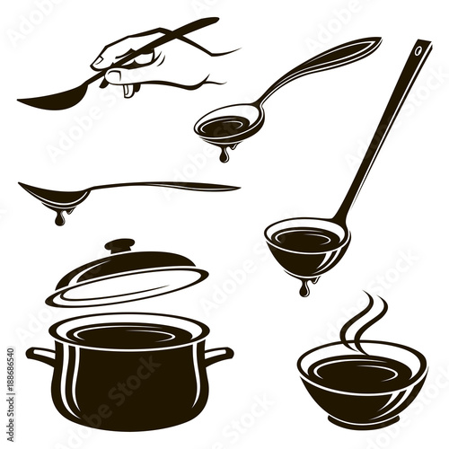 monochrome collection of plate of soup, spoon, ladle and pan