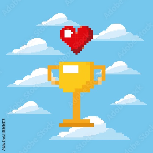 pixel game trophy and heart life prize play vector illustration