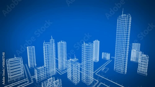 Flying Over the Growing City. Beautiful 3d Blueprint of Contemporary Buildings. Blue color 3d animation. Construction and Technology Concept. 4k Ultra HD 3840x2160.