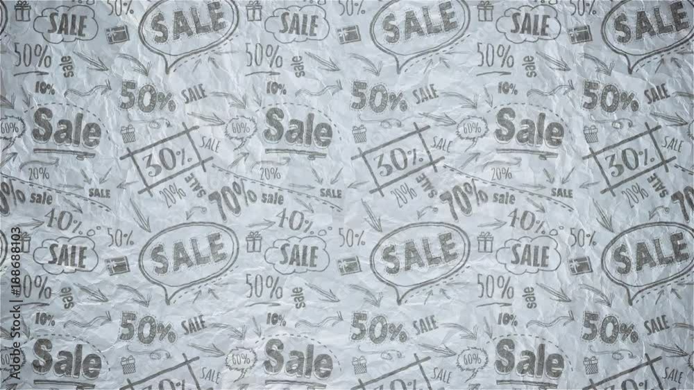 Motion graphic background with Sale Pattern on crumpled paper in doodle style. Motion graphic background with Sale Pattern on crumpled paper in doodle style.