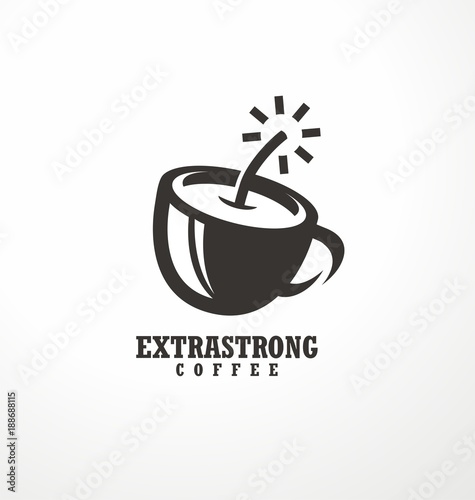Creative logo design idea for extra strong coffee with coffee cup made as bomb or dynamite.