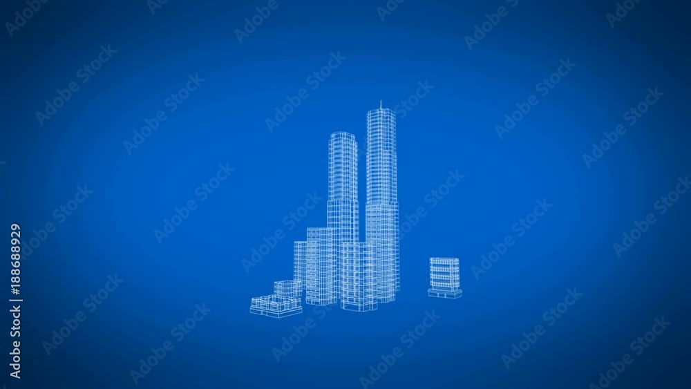 Beautiful Rotating Blueprint of Contemporary Growing Buildings. Construction and Technology Concept. Blue color 3d animation. 4k UHD 3840x2160.