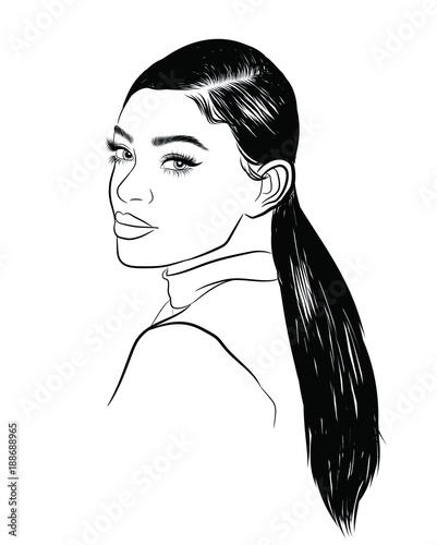 Hand-drawn black woman with curly ponytail and luxurious hair. Girl with perfectly shaped eyebrows and full lashes. Idea for business visit card, typography vector. Perfect salon look.