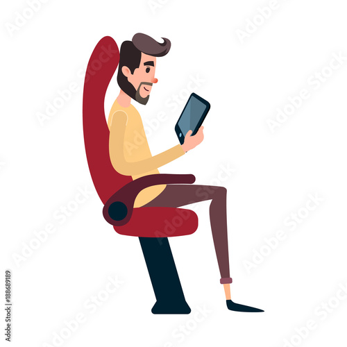 A man is a passenger on a bus or plane. A young man sits in the airplane's chair and looks at the tablet. The bus seat is occupied by the reading man