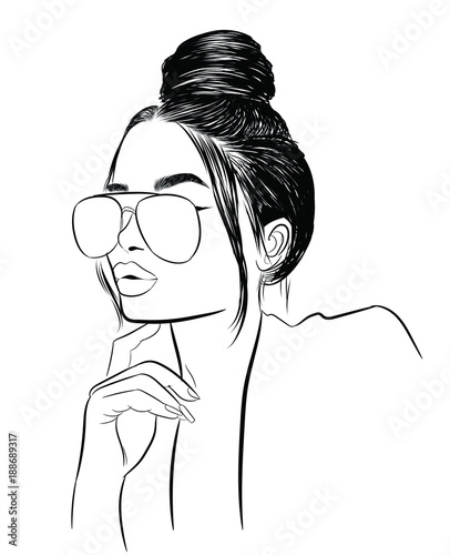 Hand-drawn beauty woman with luxurious cute bun hairstyle. Idea for card typography vector.Wedding style