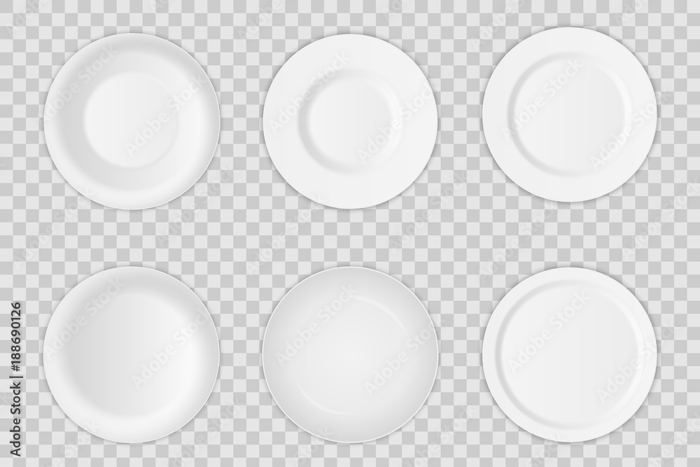 Creative vector illustration set of 3D white round realistic plate dish isolated on transparent background. Art design porcelain soup empty utensil, bowl. Abstract concept graphic dishware element Creative vector illustration set of 3D white round realistic plate dish isolated on transparent background. Art design porcelain soup empty utensil, bowl. Abstract concept graphic dishware element