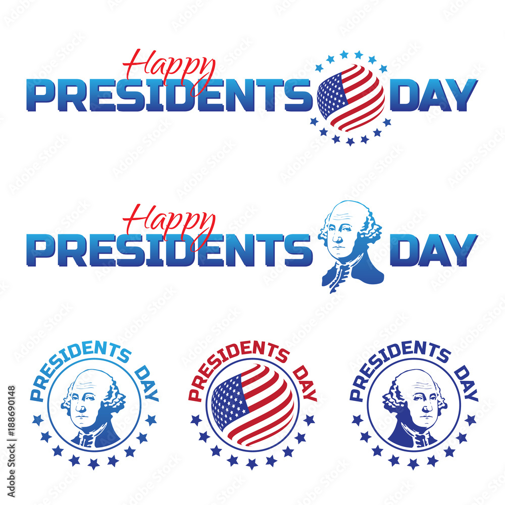 Set of vector elements or logos to Happy Presidents Day - National american holiday. Vector illustration isolated on white background. Perfect to use for advertising design and other creative projects