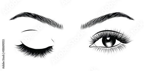 Sexy winking luxurious eye with perfectly shaped eyebrows and full lashes. Idea for business visit card, typography vector. Perfect salon look.