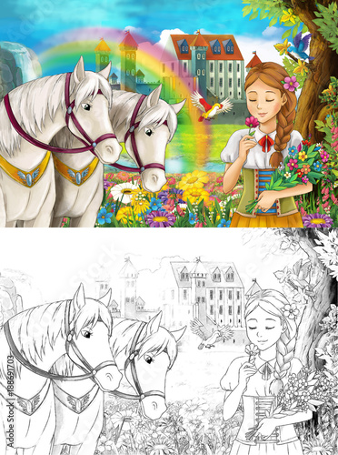 cartoon scene with young princess watching two white horses near beautiful medieval castle waterfall and rainbow with coloring page illustration for children