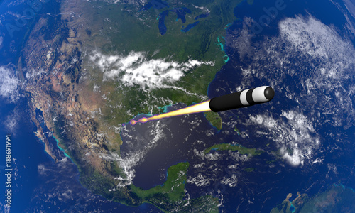 The launch and flight of an intercontinental ballistic missile over the territory of United States (USA). Nuclear missile bomb. 3D illustration. photo