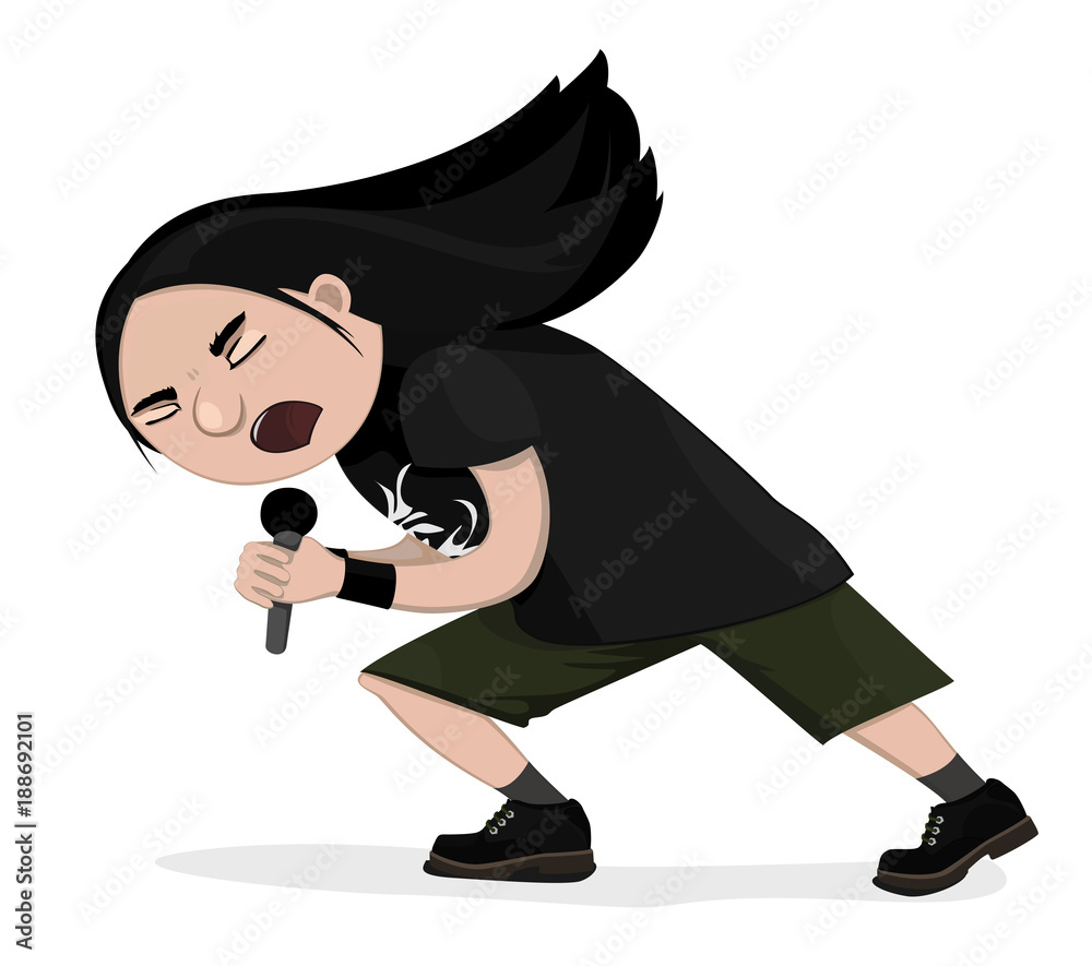 Vector illustration of funny singing rock star. Heavy metal, band person,  comic cartoon character in black. Isolated brutal musician. Stock Vector |  Adobe Stock