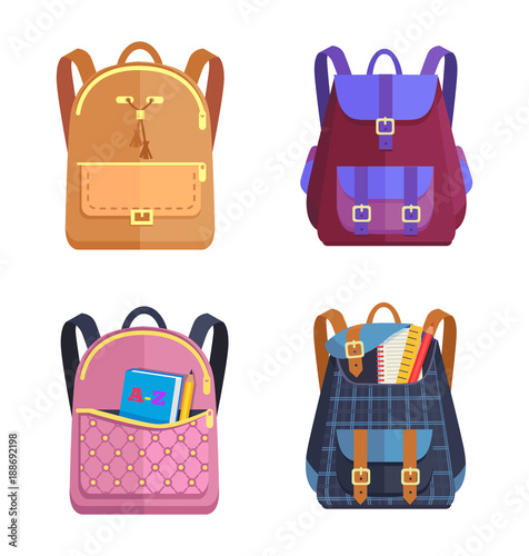 Set of Colorful Rucksacks for Girls or Boys Vector