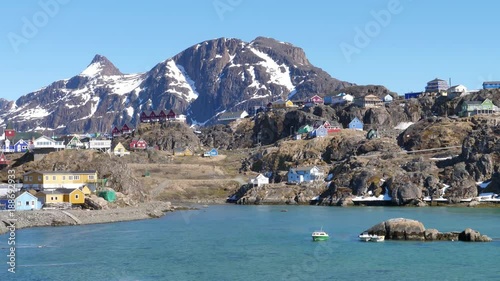Picturesque Greenlandic town, colorful houses sunny summer day, Sisimiut Greenland.mov photo