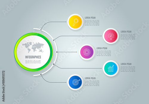 Creative concept for infographic with 5 options, parts or processes. Timeline infographic business design and marketing icons for presentation, annual report, diagram, workflow layout and web design.