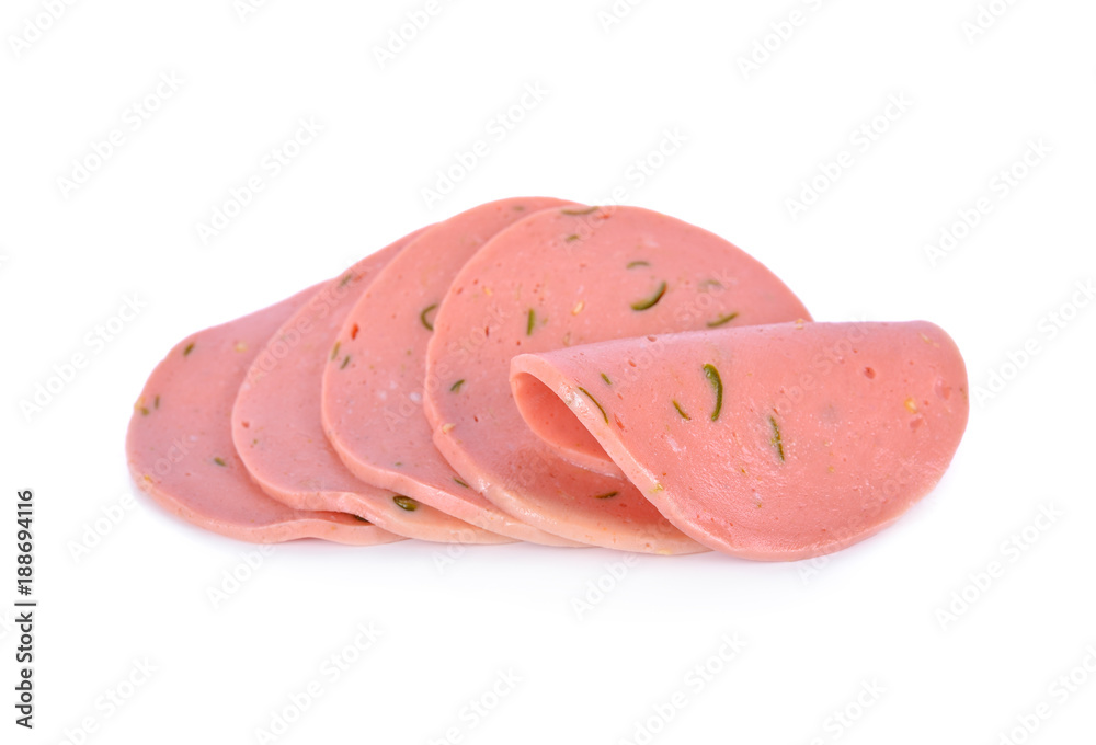 sliced boloney sausage with chili on white background