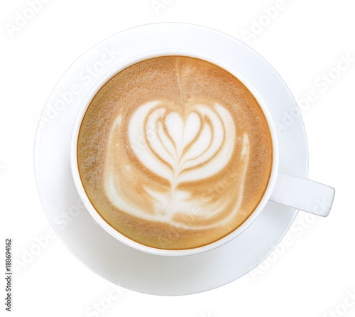 Top view of hot coffee cappuccino latte art isolated on white background, clipping path included