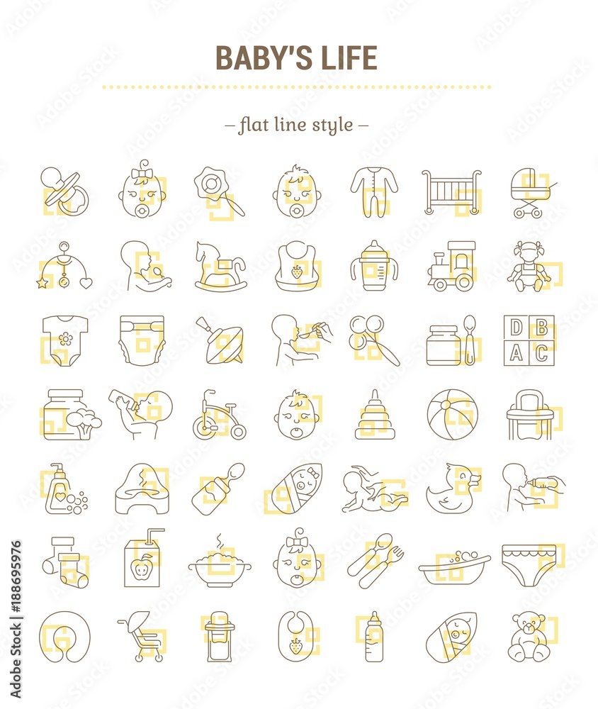 Vector graphic set. Icons in flat, contour, thin, minimal and linear design. Child life accessories. Baby care. Concept illustration for Web site, app. Sign, symbol, element, silhouette. Vector graphic set. Icons in flat, contour, thin, minimal and linear design. Child life accessories. Baby care. Concept illustration for Web site, app. Sign, symbol, element, silhouette.