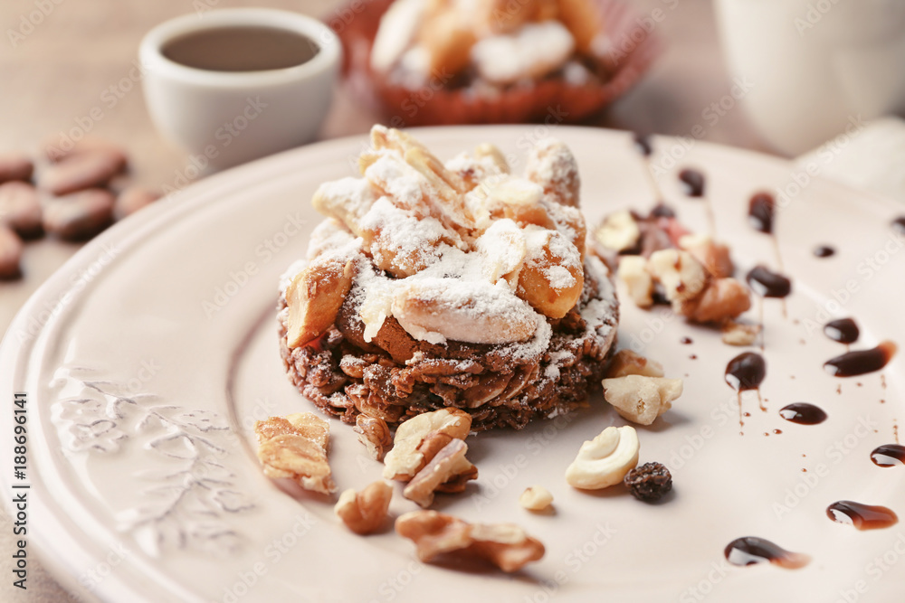 Plate with tasty praline cake, closeup Plate with tasty praline cake, closeup