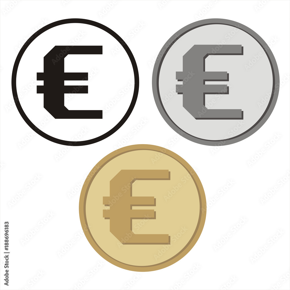 Set of isolated coins with the symbol of the Euro. Vector collection of symbol of the Euro: black, silver and gold. Set of isolated coins with the symbol of the Euro. Vector collection of symbol of the Euro: black, silver and gold.